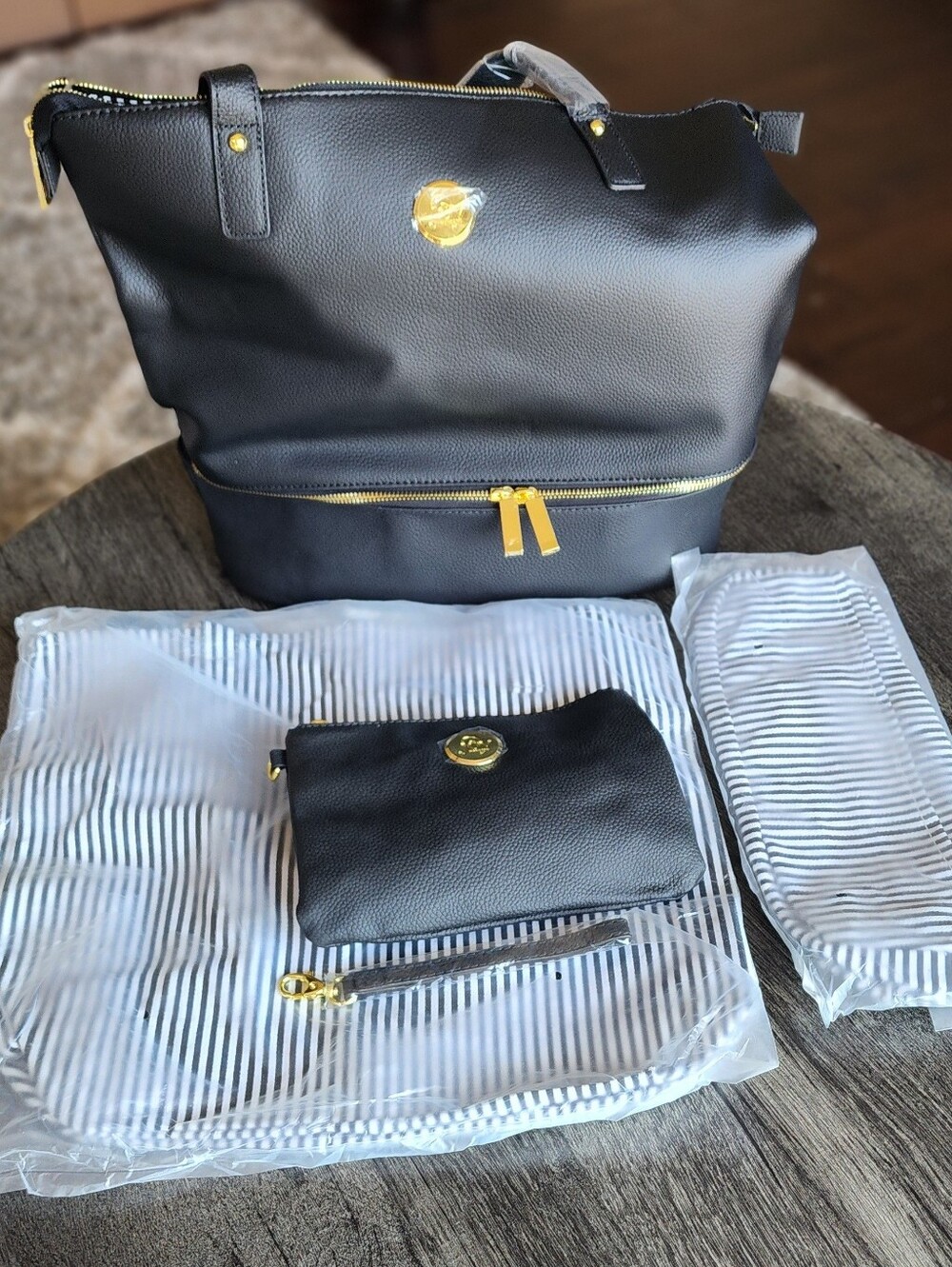 Joy Mangano Black Leather Tote Bag with Gold Hardware NWT